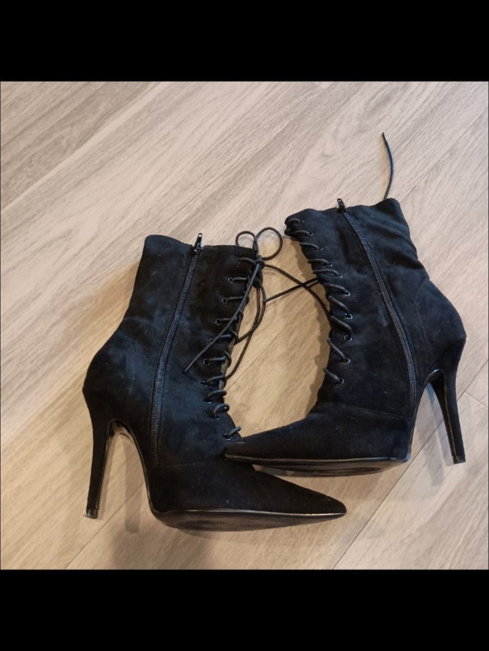 Fashion Nova Black Lace-Up Pointed Stiletto Mid-Calf Boots